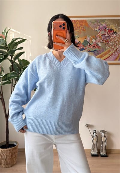 V Yaka Oversize Yumoş Kazak Mavi