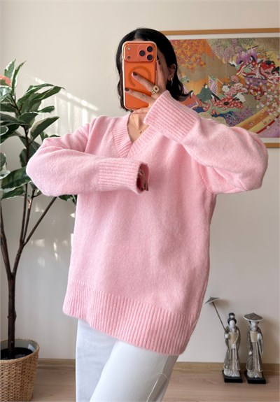V Yaka Oversize Yumoş Kazak Pembe