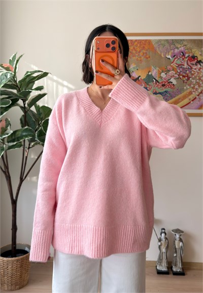 V Yaka Oversize Yumoş Kazak Pembe