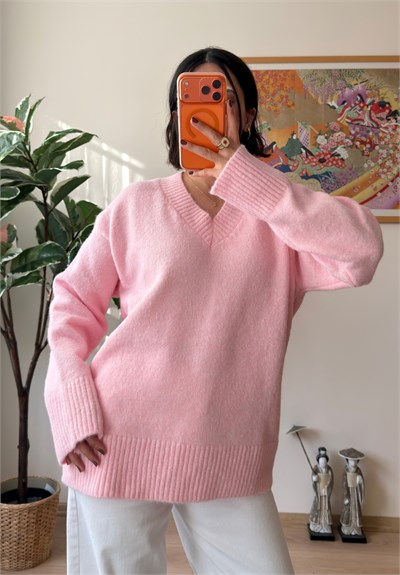 V Yaka Oversize Yumoş Kazak Pembe