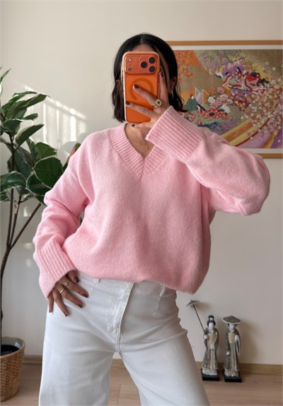 V Yaka Oversize Yumoş Kazak Pembe