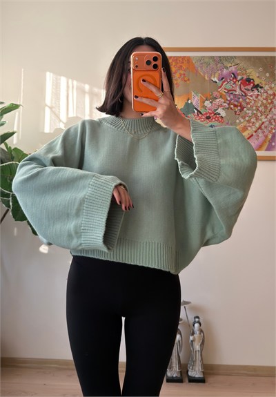 Yarasa Kol Oversize Triko Kazak Çağla Yeşili