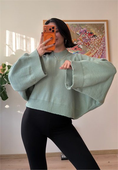 Yarasa Kol Oversize Triko Kazak Çağla Yeşili