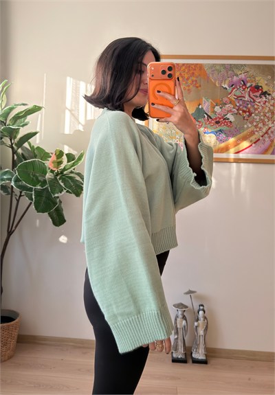 Yarasa Kol Oversize Triko Kazak Çağla Yeşili