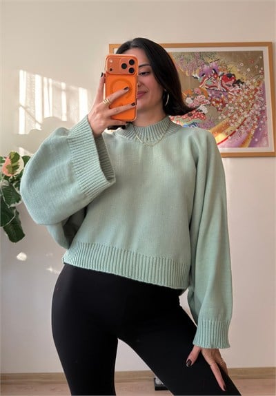 Yarasa Kol Oversize Triko Kazak Çağla Yeşili