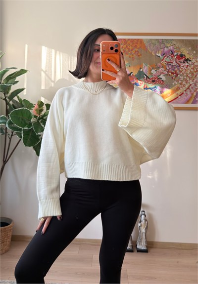 Yarasa Kol Oversize Triko Kazak Ekru
