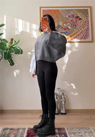 Yarasa Kol Oversize Triko Kazak Füme