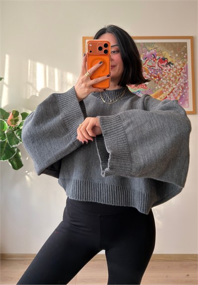 Yarasa Kol Oversize Triko Kazak Füme
