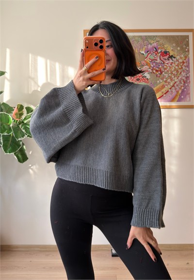 Yarasa Kol Oversize Triko Kazak Füme