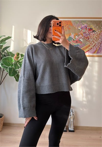 Yarasa Kol Oversize Triko Kazak Füme