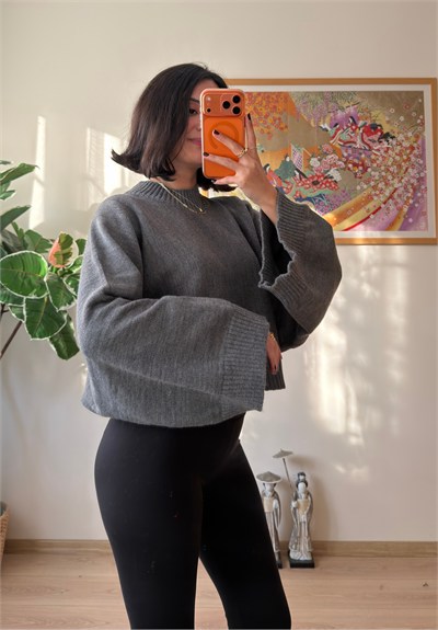 Yarasa Kol Oversize Triko Kazak Füme