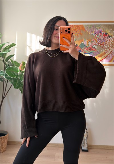 Yarasa Kol Oversize Triko Kazak Kahve