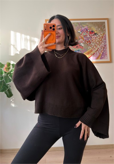 Yarasa Kol Oversize Triko Kazak Kahve
