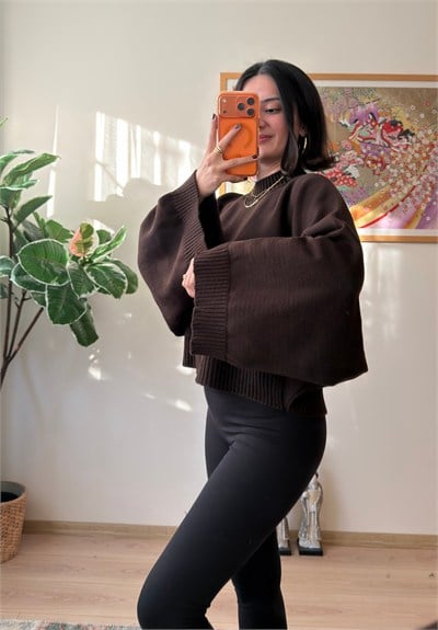Yarasa Kol Oversize Triko Kazak Kahve