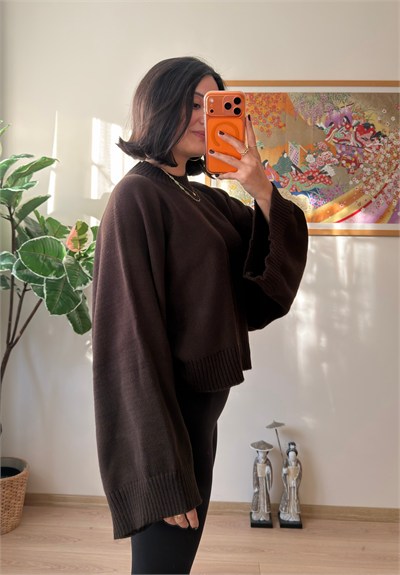 Yarasa Kol Oversize Triko Kazak Kahve