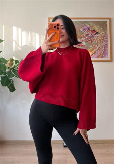 Yarasa Kol Oversize Triko Kazak Kırmızı