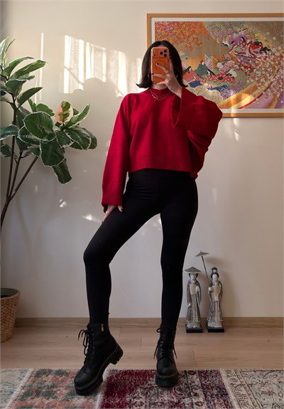 Yarasa Kol Oversize Triko Kazak Kırmızı