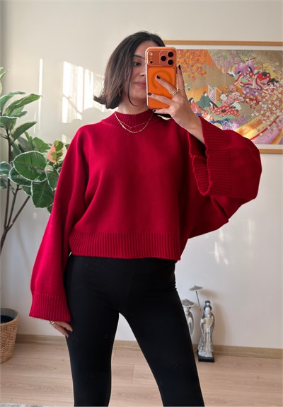 Yarasa Kol Oversize Triko Kazak Kırmızı