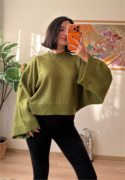 Yarasa Kol Oversize Triko Kazak yeşil
