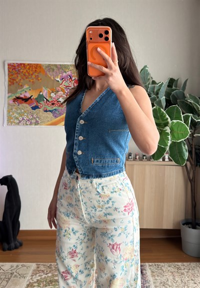 Yoshie Desenli Jean Beyaz-Mavi