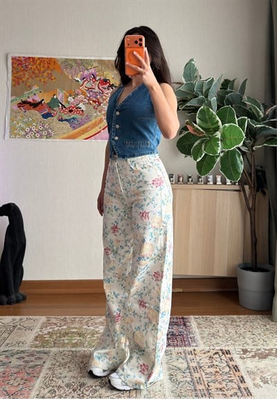 Yoshie Desenli Jean Beyaz-Mavi