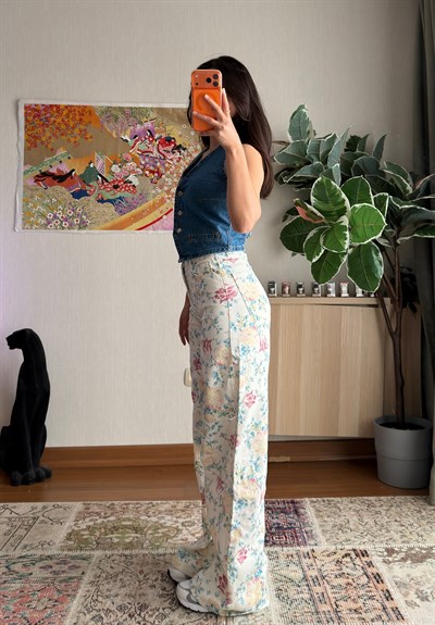 Yoshie Desenli Jean Beyaz-Mavi