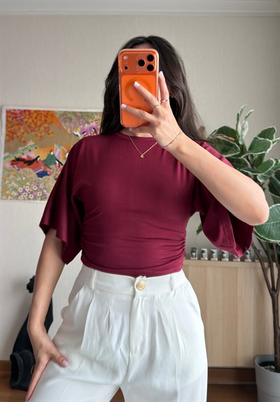 Yuina Yanı Büzgülü T-Shirt Bordo