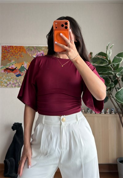 Yuina Yanı Büzgülü T-Shirt Bordo