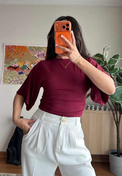 Yuina Yanı Büzgülü T-Shirt Bordo
