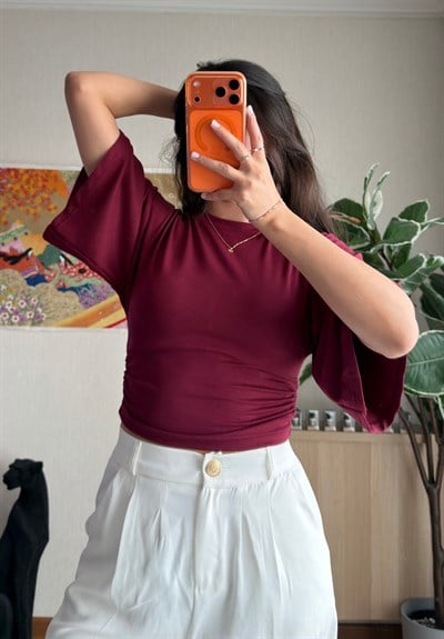 Yuina Yanı Büzgülü T-Shirt Bordo