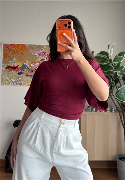 Yuina Yanı Büzgülü T-Shirt Bordo