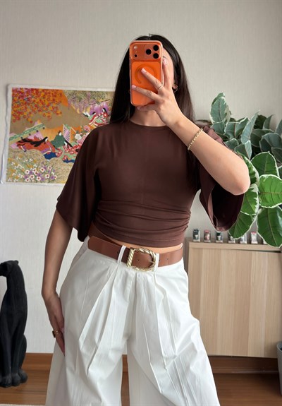 Yuina Yanı Büzgülü T-Shirt Kahve