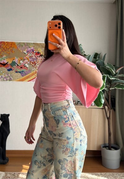 Yuina Yanı Büzgülü T-Shirt Pembe