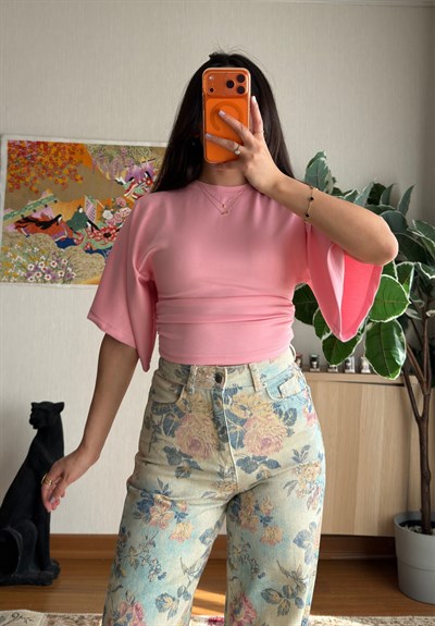 Yuina Yanı Büzgülü T-Shirt Pembe