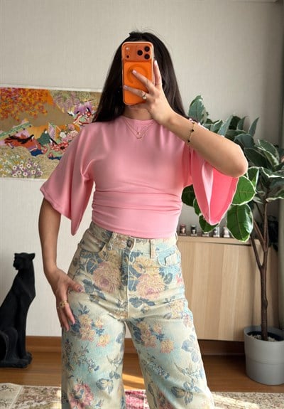 Yuina Yanı Büzgülü T-Shirt Pembe