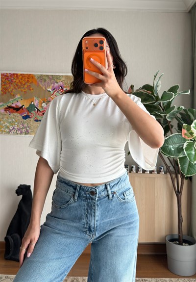Yuisa Yanı Büzgülü Simli T-Shirt Ekru