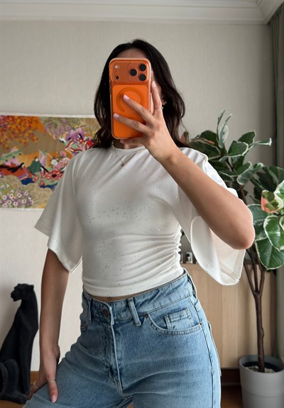 Yuisa Yanı Büzgülü Simli T-Shirt Ekru