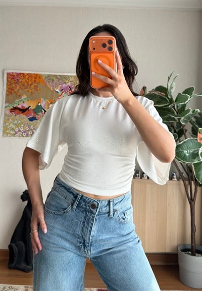 Yuisa Yanı Büzgülü Simli T-Shirt Ekru