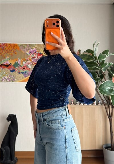 Yuisa Yanı Büzgülü Simli T-Shirt Lacivert