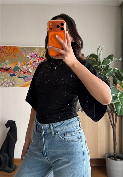 Yuisa Yanı Büzgülü Simli T-Shirt Siyah