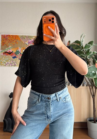 Yuisa Yanı Büzgülü Simli T-Shirt Siyah