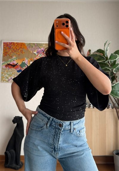 Yuisa Yanı Büzgülü Simli T-Shirt Siyah