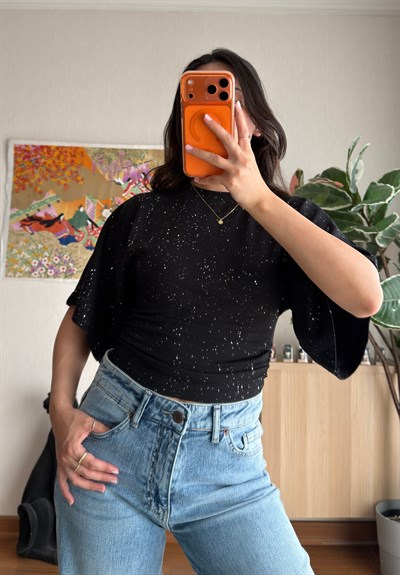 Yuisa Yanı Büzgülü Simli T-Shirt Siyah