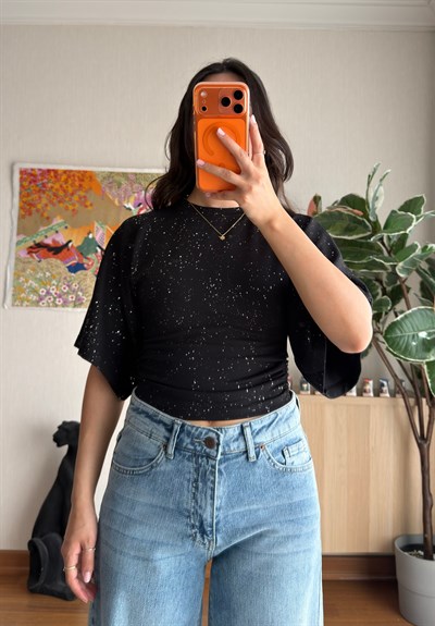 Yuisa Yanı Büzgülü Simli T-Shirt Siyah