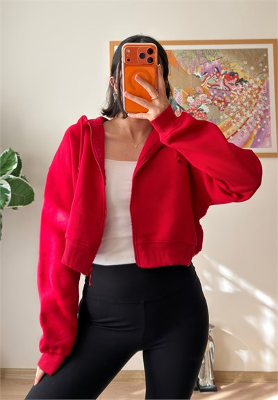 Yuki Kapşonlu Fermuarlı Kısa Sweatshirt Kırmızı