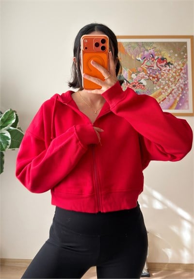 Yuki Kapşonlu Fermuarlı Kısa Sweatshirt Kırmızı
