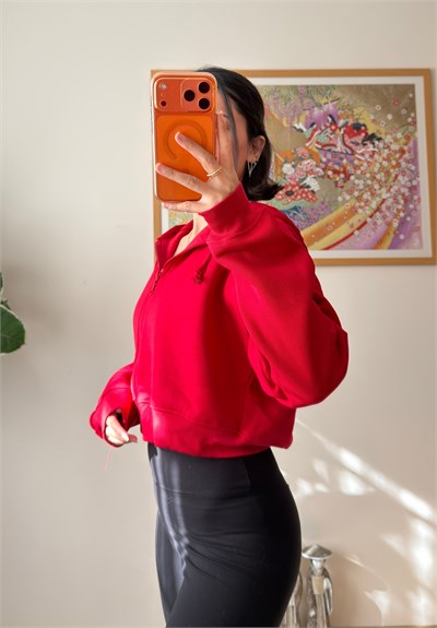 Yuki Kapşonlu Fermuarlı Kısa Sweatshirt Kırmızı