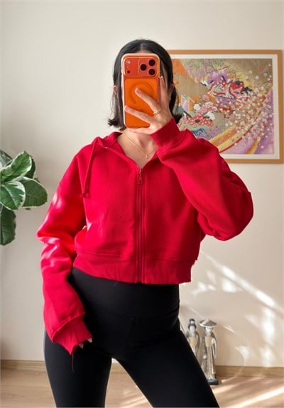 Yuki Kapşonlu Fermuarlı Kısa Sweatshirt Kırmızı