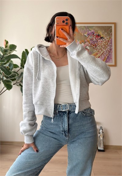 Yuki Kapşonlu Fermuarlı Kısa Sweatshirt Gri