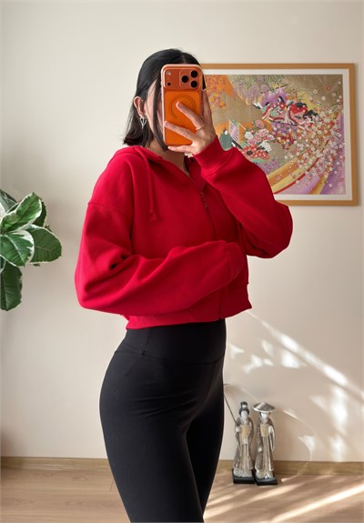 Yuki Kapşonlu Fermuarlı Kısa Sweatshirt Kırmızı